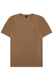 BOSS men’s brown minimalist cotton t-shirt with subtle black boss logo embroidered on left chest and matching neckline tag