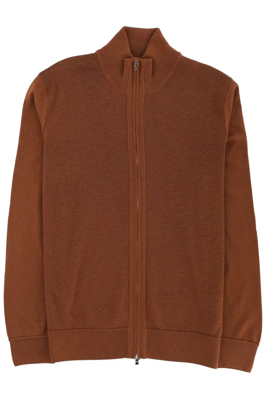 Boss men’s shirt brown rich brown full zip knit jacket with textured weave and ribbed cuffs