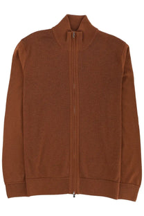 Boss men’s shirt brown rich brown full zip knit jacket with textured weave and ribbed cuffs