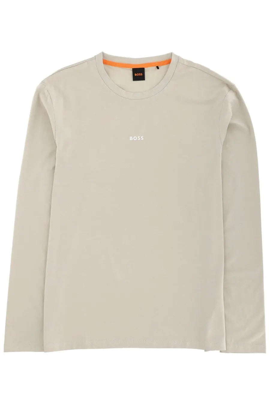 BOSS men’s long-sleeved beige t-shirt with subtle white logo and orange inner collar trim in chark beige color