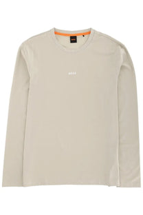 BOSS men’s long-sleeved beige t-shirt with subtle white logo and orange inner collar trim in chark beige color