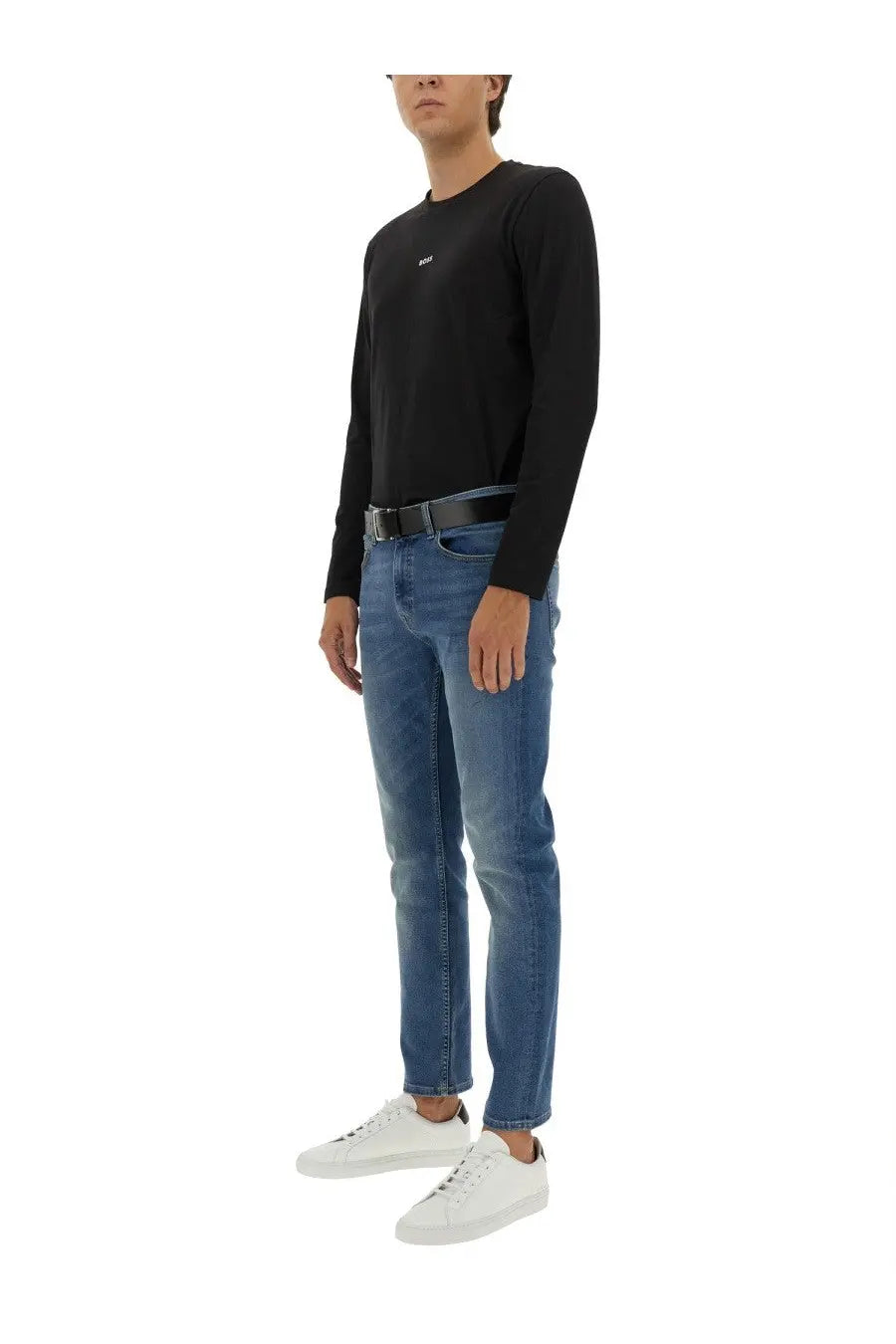 BOSS men’s shirt Chark black long-sleeved top paired with slim fit blue denim jeans with subtle fading