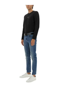 BOSS men’s shirt Chark black long-sleeved top paired with slim fit blue denim jeans with subtle fading