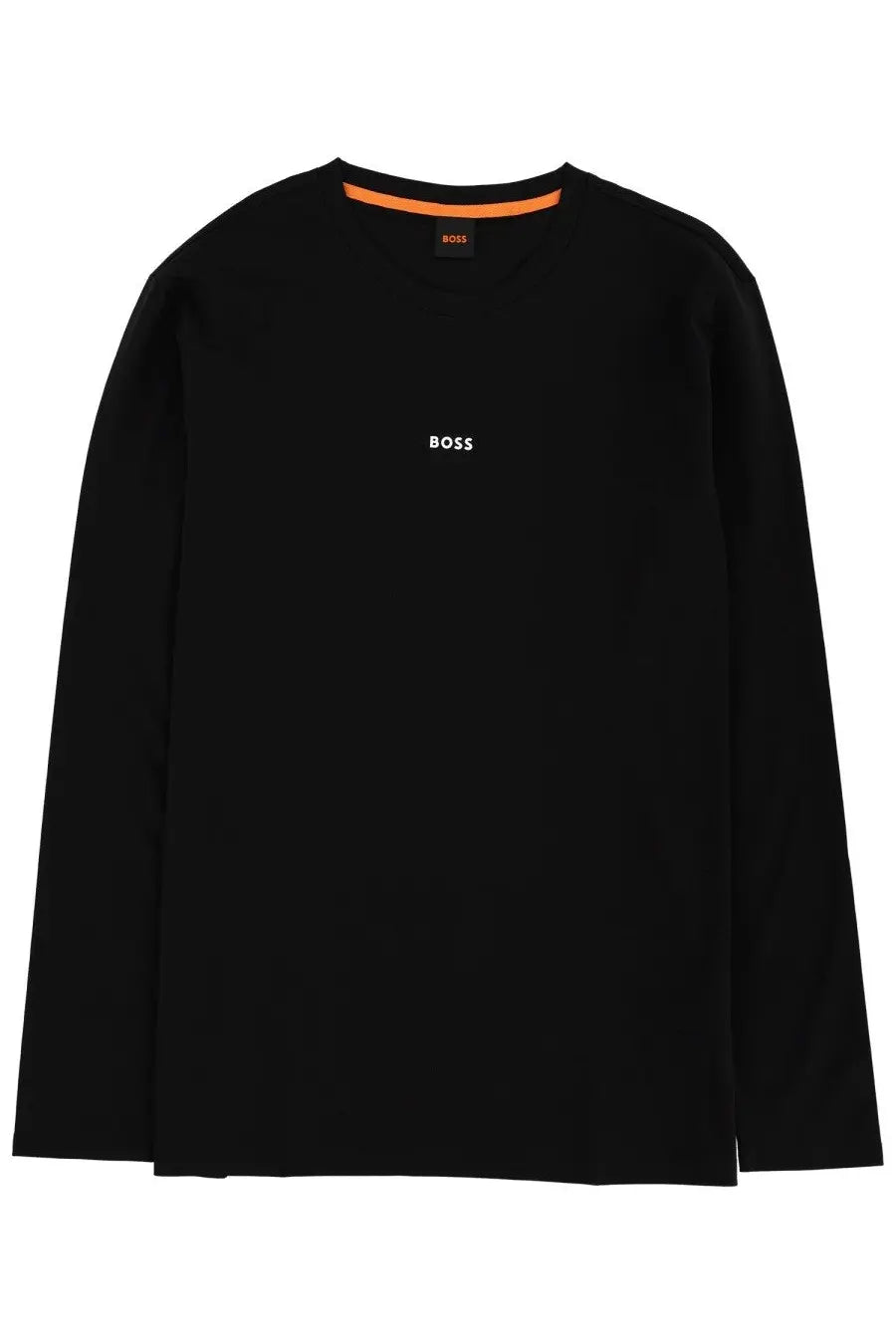 BOSS men’s long-sleeved black crew neck t-shirt with orange inner collar trim and white embroidered logo