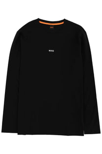 BOSS men’s long-sleeved black crew neck t-shirt with orange inner collar trim and white embroidered logo