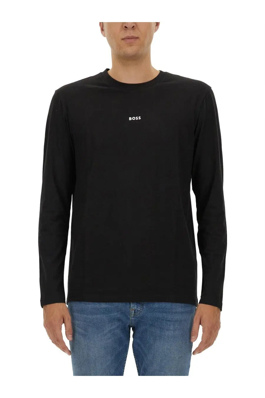 BOSS men’s black long-sleeved crew neck t-shirt with small white boss logo on the left chest in cotton material