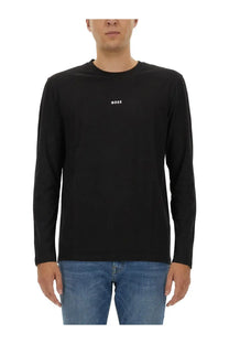 BOSS men’s black long-sleeved crew neck t-shirt with small white boss logo on the left chest in cotton material
