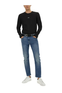 BOSS men’s black long-sleeved crew neck shirt with subtle white logo on chest in comfortable fabric