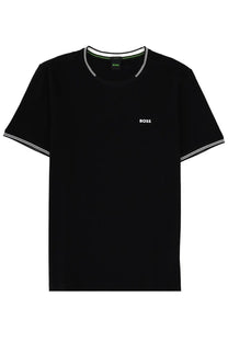 BOSS men’s black t-shirt with white and green trim on collar and sleeves featuring a small embroidered logo