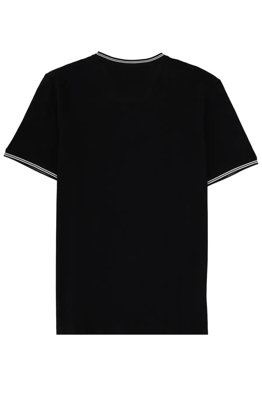Boss men’s black short-sleeved cotton t-shirt with white striped trim on neckline and sleeve cuffs