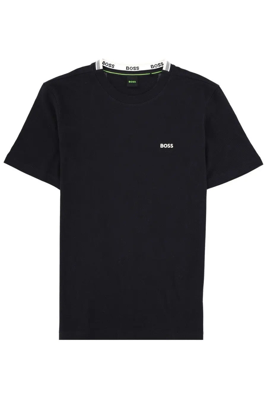 BOSS men’s black short-sleeved t-shirt with white boss logo on chest and branded collar trim Con Blue model