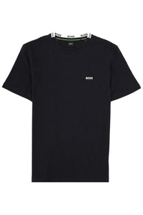 BOSS men’s black short-sleeved t-shirt with white boss logo on chest and branded collar trim Con Blue model