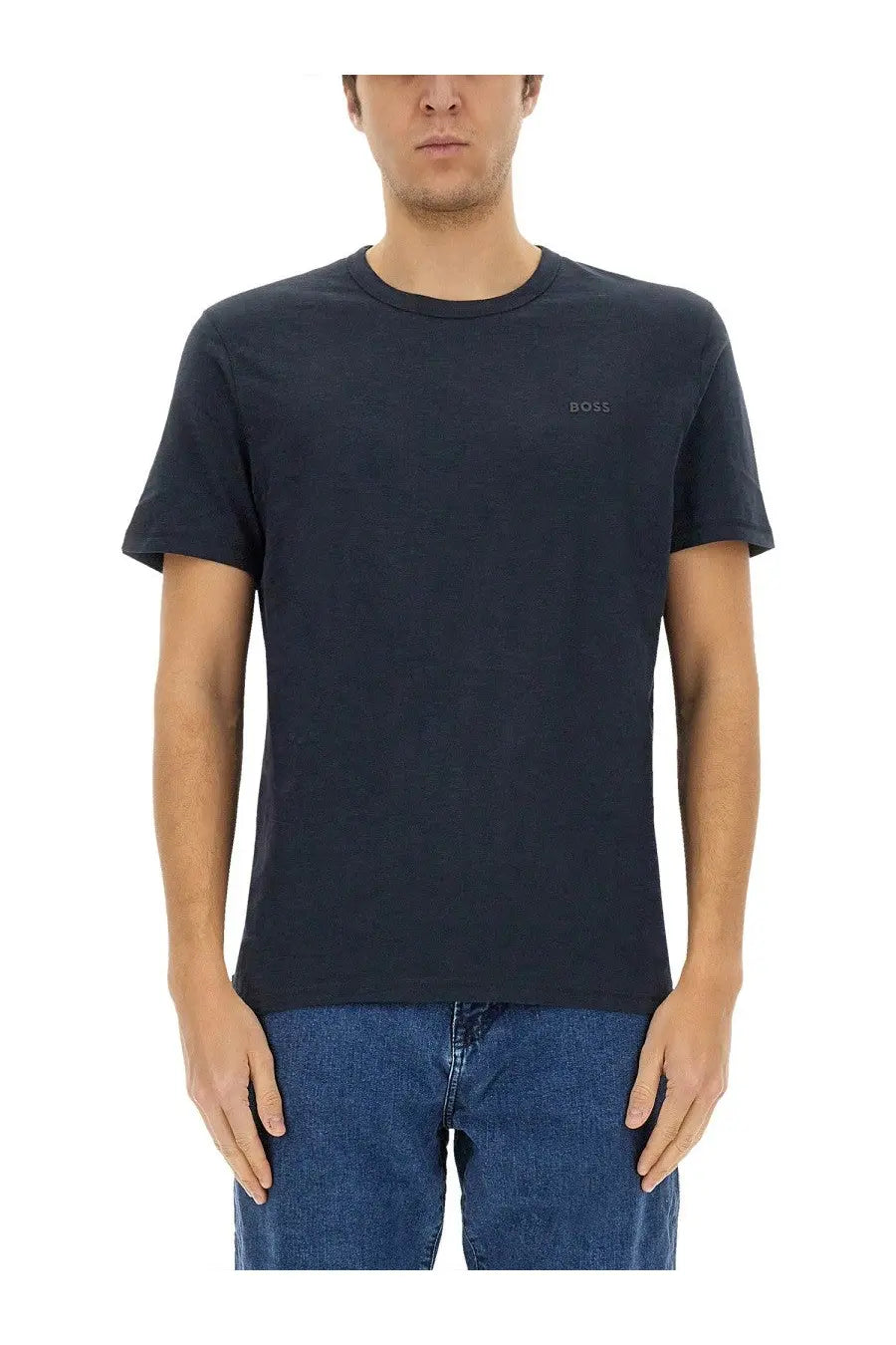 Dark navy blue short-sleeved crew neck BOSS men’s shirt with a subtle embroidered logo on the left chest