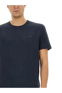 Boss men’s dark navy blue short-sleeved crew neck t-shirt with subtle logo embroidery on the left chest