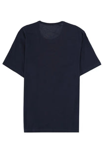 BOSS men’s dark navy blue short-sleeved shirt with crew neck and subtle texture at the back neckline