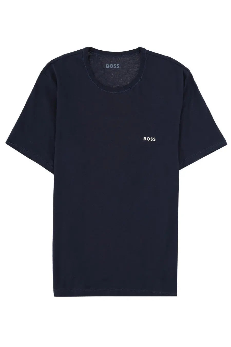 BOSS men’s dark navy blue short-sleeved t-shirt with subtle white boss branding on chest and inside collar