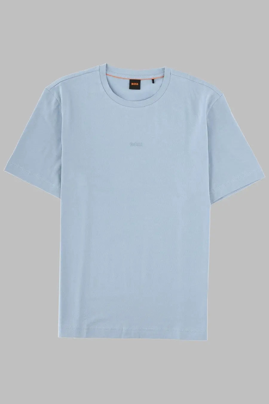 Light blue BOSS men’s short-sleeved crew neck t-shirt with subtle embroidered logo and branded collar tag