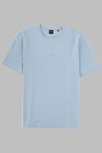 Light blue BOSS men’s short-sleeved crew neck t-shirt with subtle embroidered logo and branded collar tag