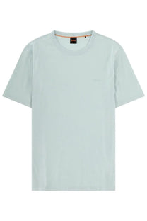 Boss men’s light blue short-sleeved cotton shirt with subtle embroidered logo on chest and branded collar tag