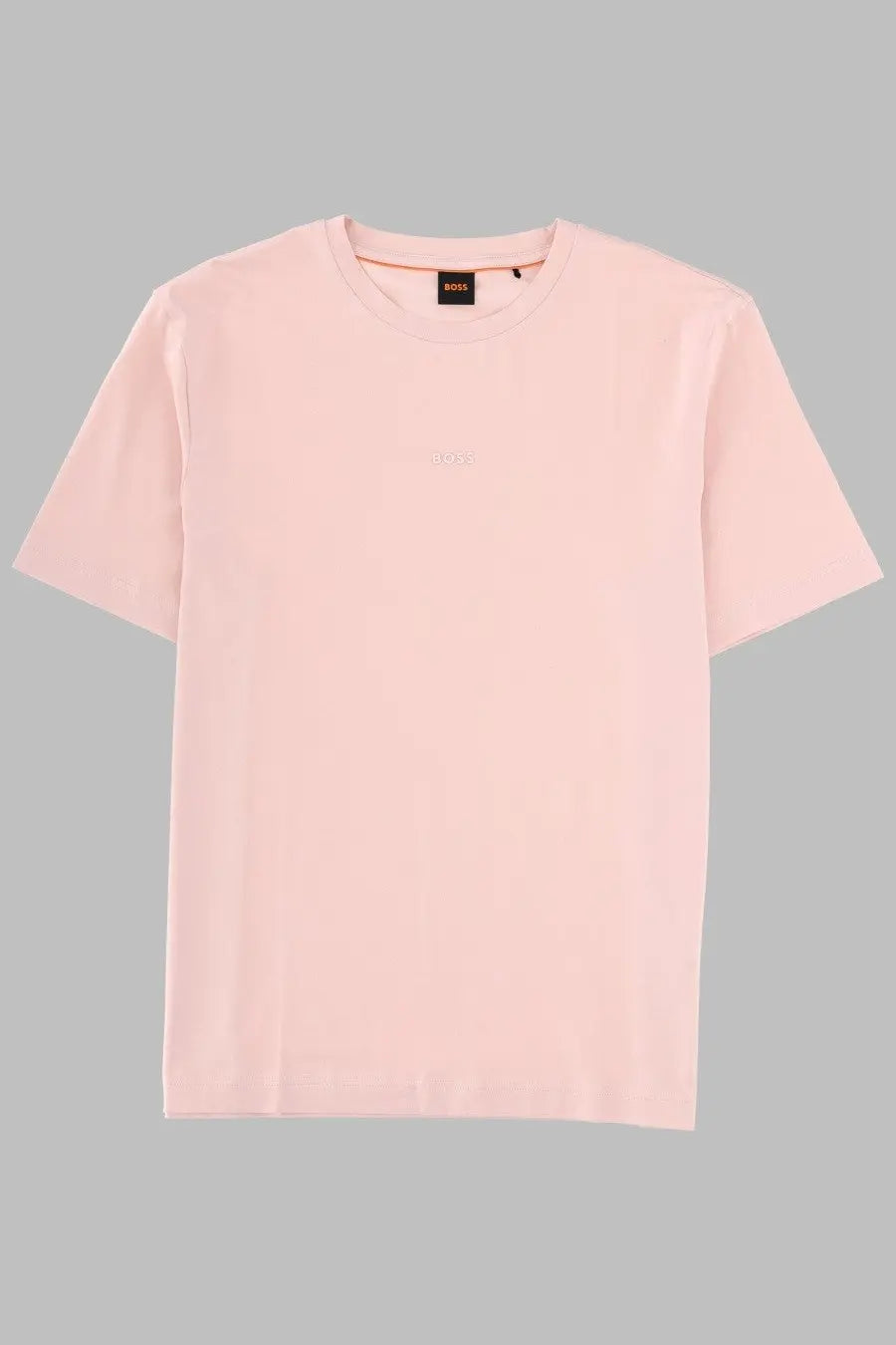 Boss men’s soft pink short-sleeved crew neck cotton t-shirt with subtle embroidered logo and branded collar tag