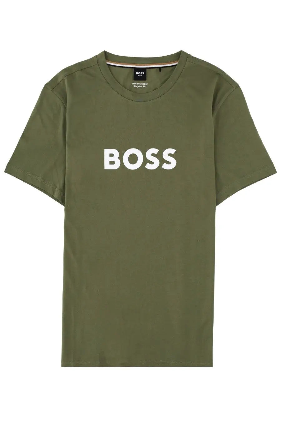 BOSS men’s olive green short-sleeved t-shirt with bold white boss lettering on the chest