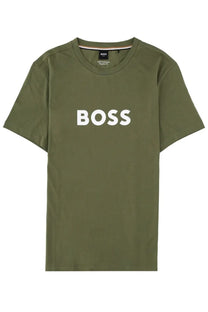 BOSS men’s olive green short-sleeved t-shirt with bold white boss lettering on the chest