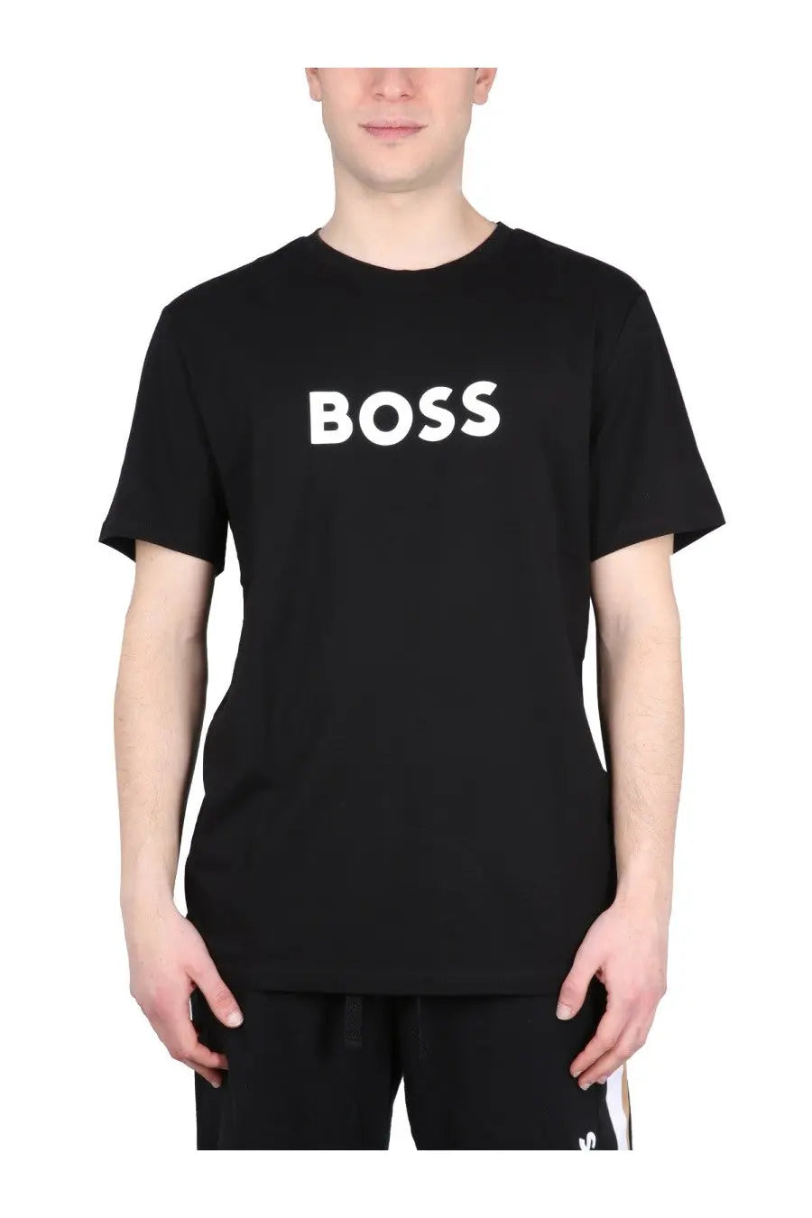 BOSS men’s black t-shirt made of cotton with bold white boss lettering across the chest