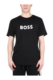 BOSS men’s black t-shirt made of cotton with bold white boss lettering across the chest