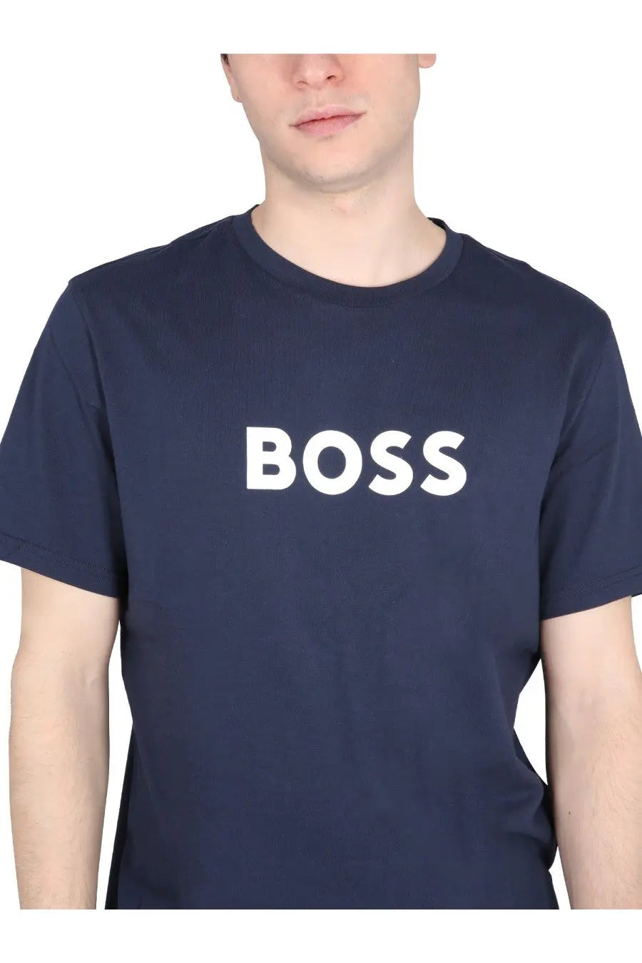 Navy blue cotton boss men’s t shirt with bold white boss lettering across the chest from BOSS Con Stampa Blue collection