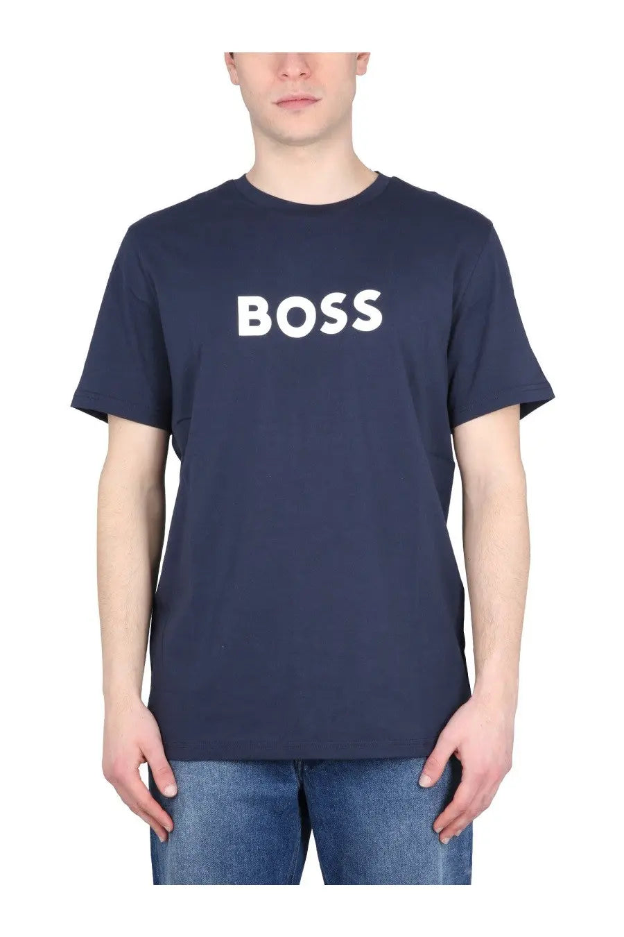 Navy blue BOSS men’s t-shirt with white logo across the chest featuring a comfortable cotton blend material