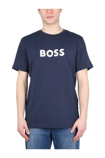 Navy blue BOSS men’s t-shirt with white logo across the chest featuring a comfortable cotton blend material