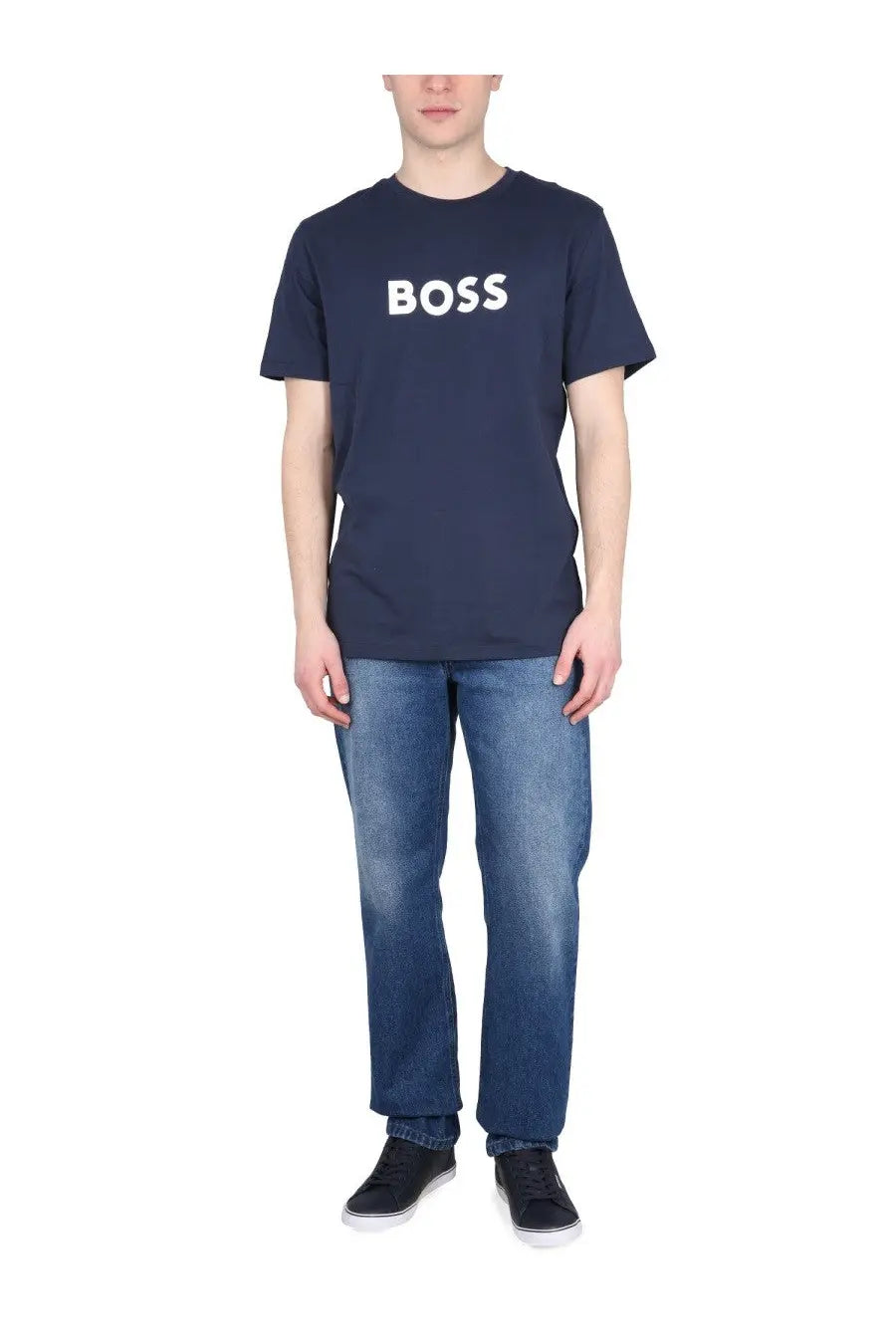 Navy blue BOSS men’s t-shirt with white logo across the chest made of soft cotton for casual wear