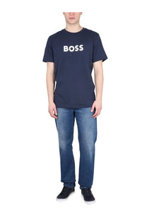 Navy blue BOSS men’s t-shirt with white logo across the chest made of soft cotton for casual wear