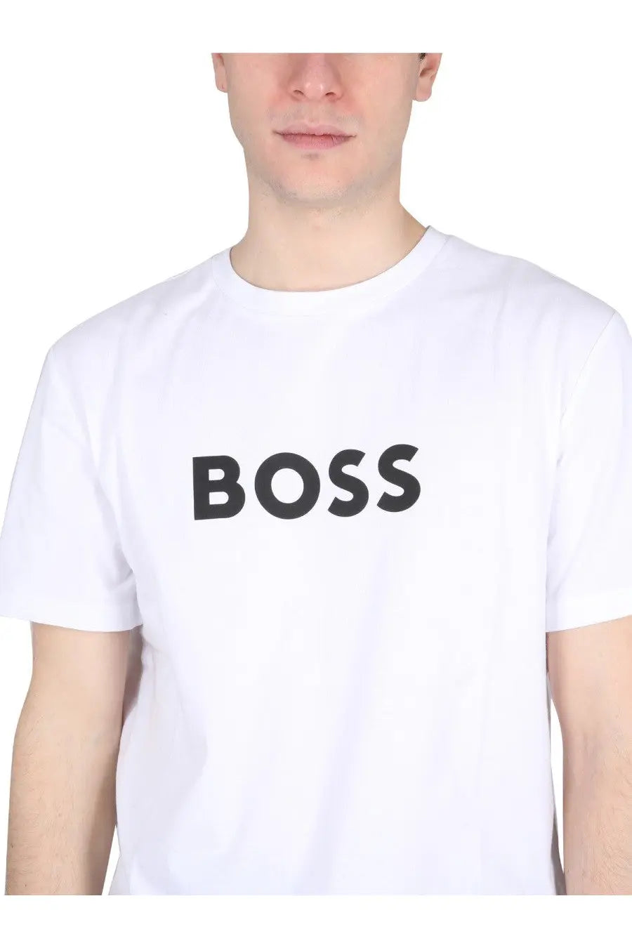 White cotton boss men’s shirt featuring a bold black boss logo printed across the chest