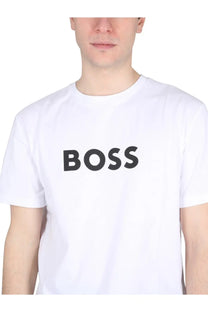 White cotton boss men’s shirt featuring a bold black boss logo printed across the chest