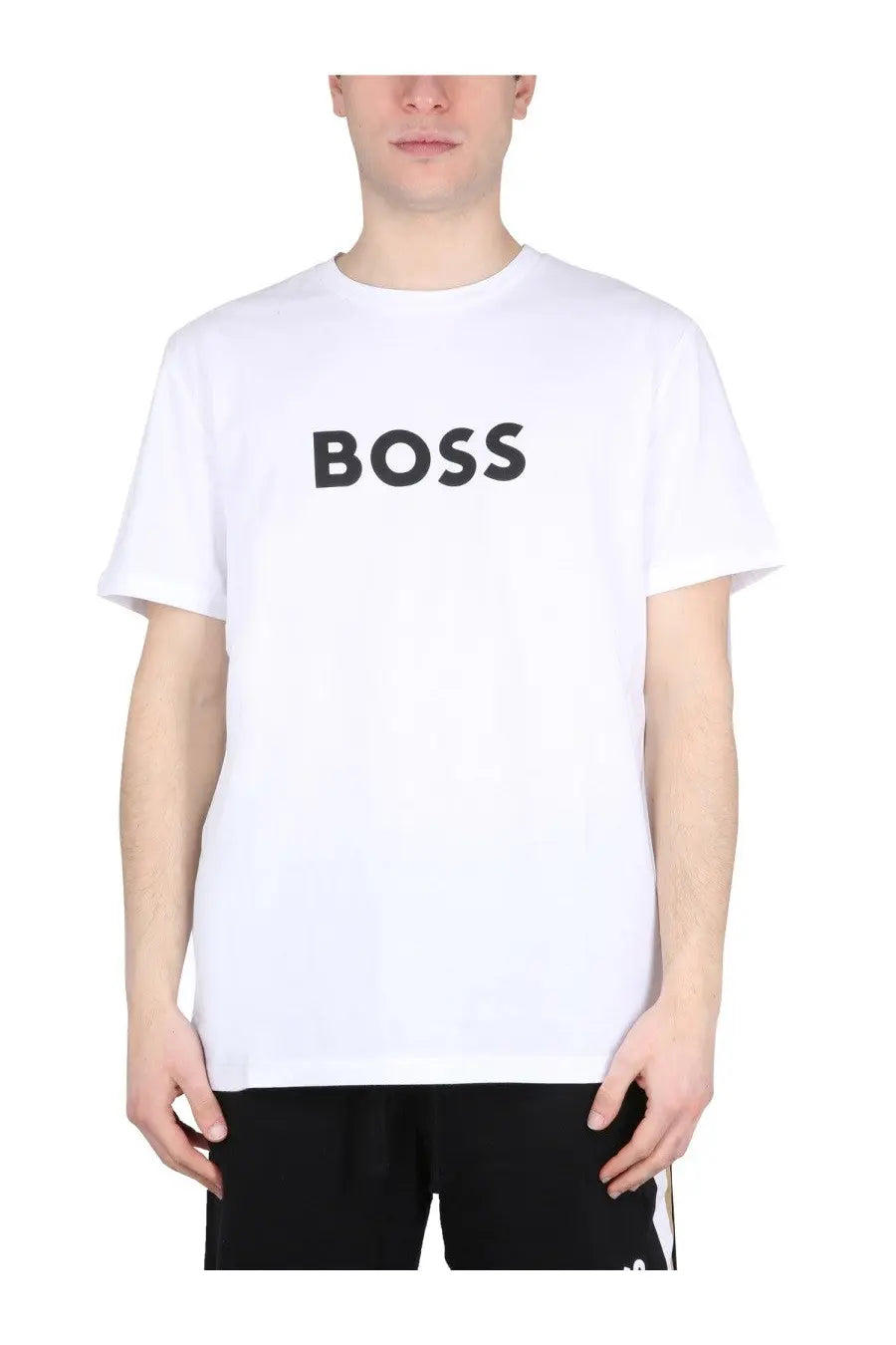 White boss men’s shirt with bold black lettering on chest in a casual cotton blend style