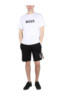 BOSS men’s white cotton t-shirt with black boss logo printed across the chest for casual wear