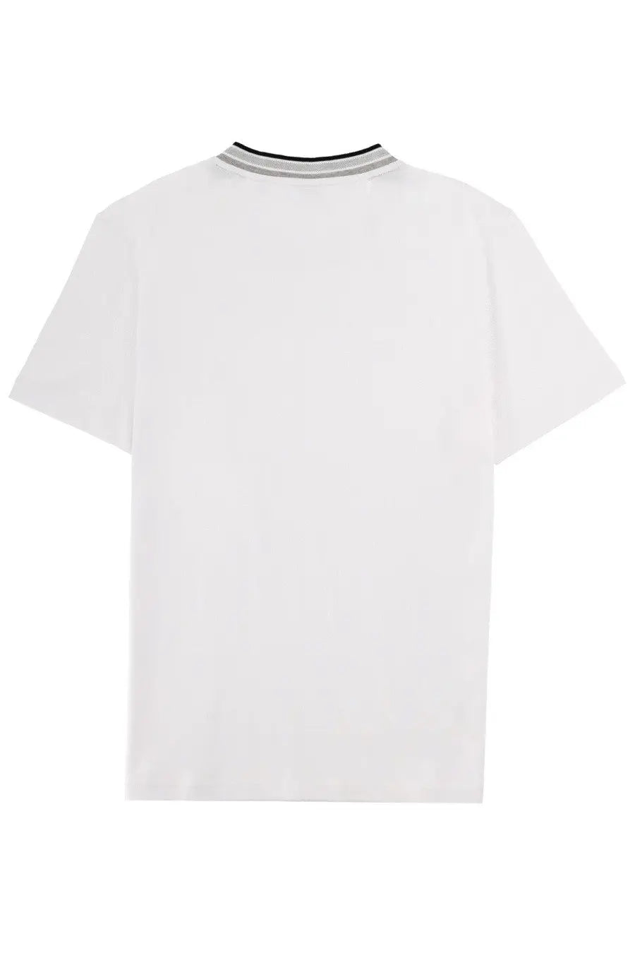 BOSS men’s white short-sleeved t-shirt with ribbed collar featuring black and gray stripes
