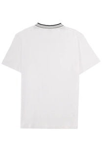 BOSS men’s white short-sleeved t-shirt with ribbed collar featuring black and gray stripes