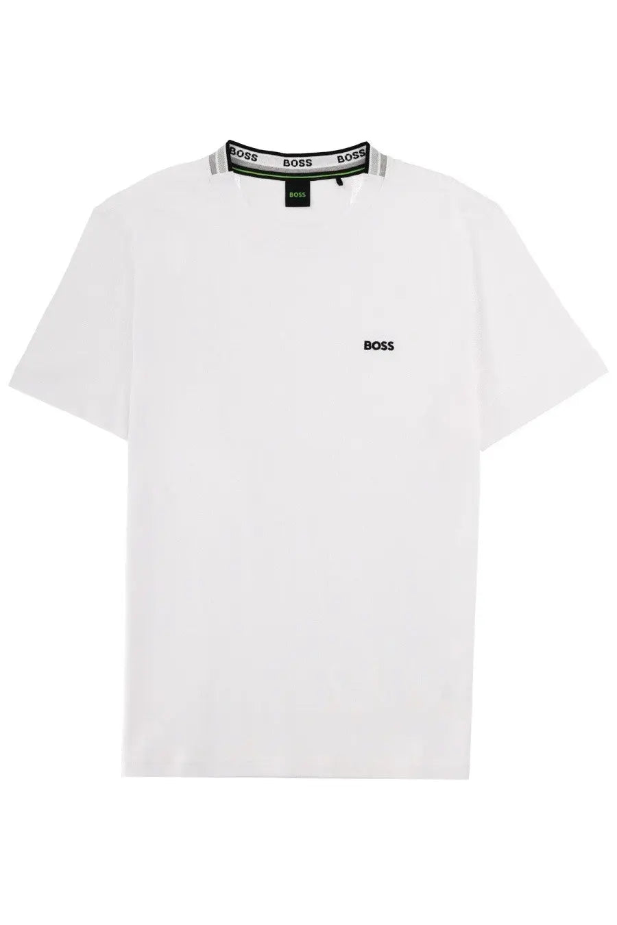 Boss men’s white con t-shirt with black logo and ribbed collar made from comfortable cotton material
