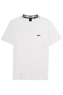 Boss men’s white con t-shirt with black logo and ribbed collar made from comfortable cotton material