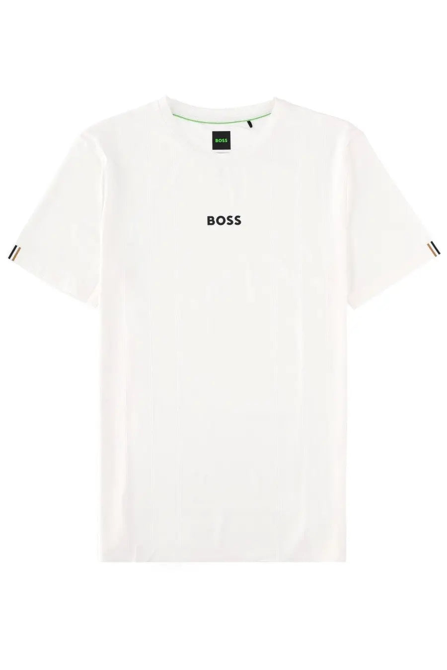 BOSS men’s white shirt con with black boss logo on chest and subtle striped sleeve cuff detailing