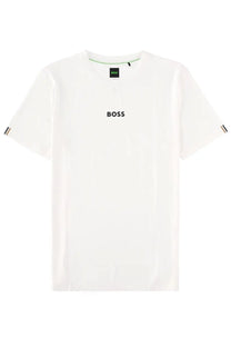 BOSS men’s white shirt con with black boss logo on chest and subtle striped sleeve cuff detailing