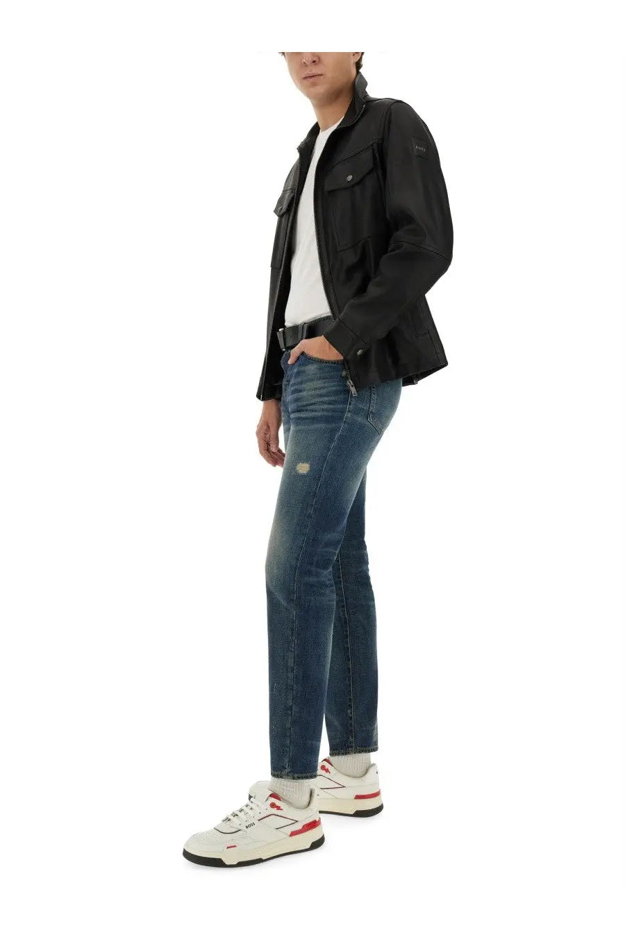 Black leather jacket with flap pockets and subtle brand logo on the chest paired with boss mens white cotton shirt