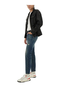 Black leather jacket with flap pockets and subtle brand logo styled over a boss men’s white cotone shirt