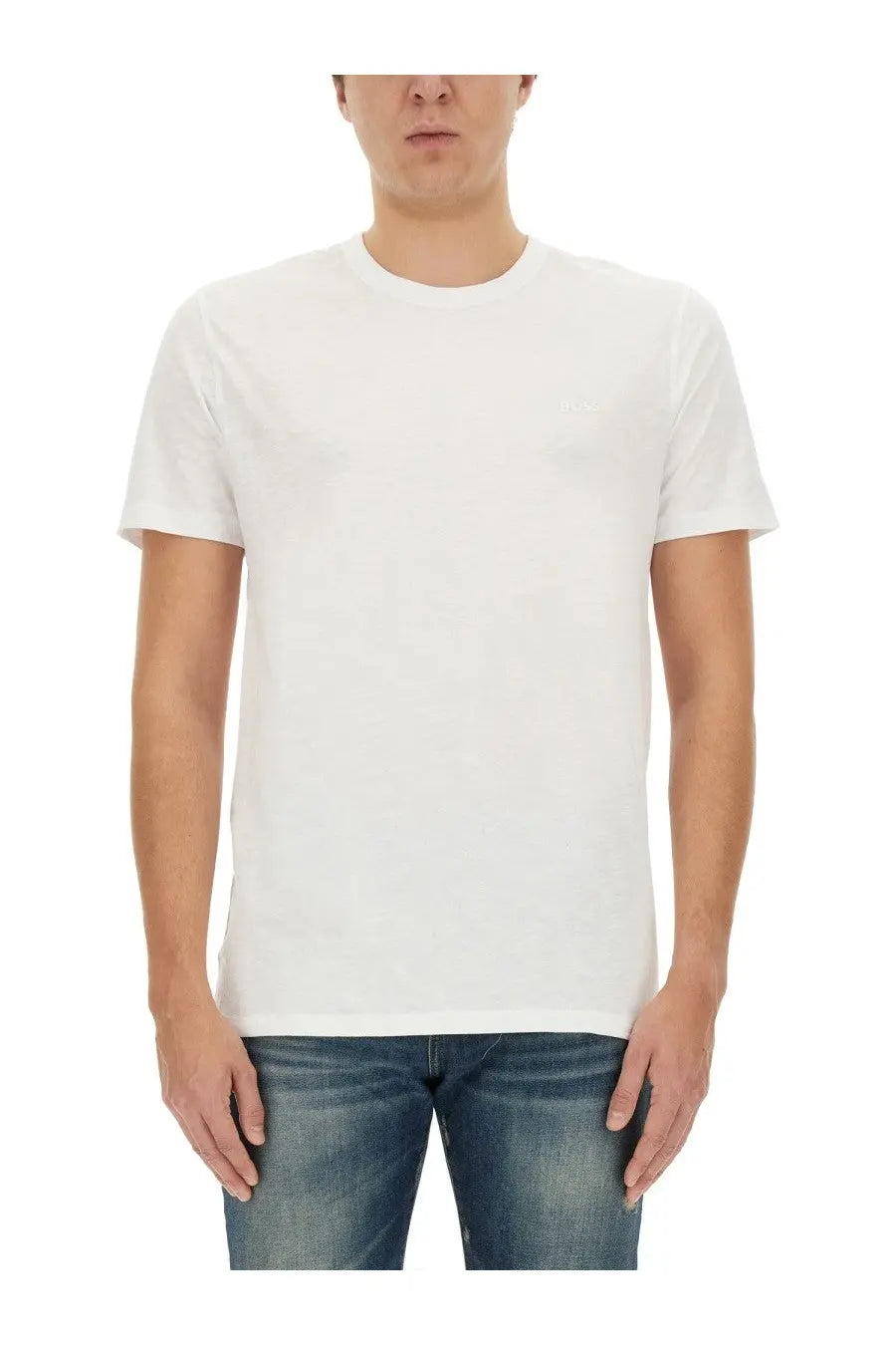 Boss men’s white cotton crew neck t-shirt showcasing soft breathable fabric and classic fit