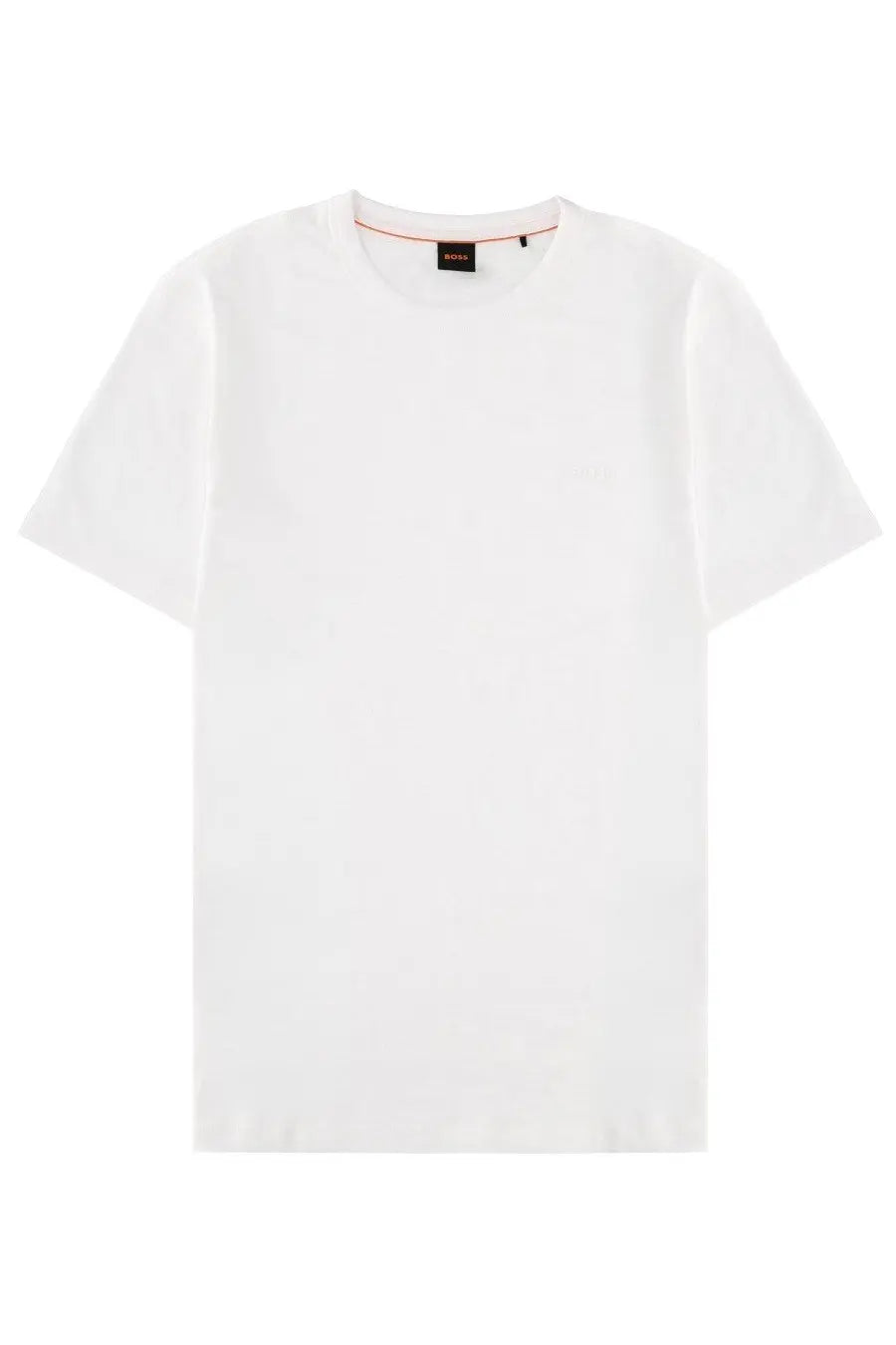 BOSS men’s white cotton t-shirt with a simple crew neck and subtle orange trim on the neckline