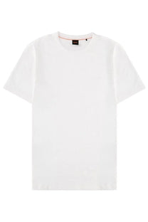 BOSS men’s white cotton t-shirt with a simple crew neck and subtle orange trim on the neckline