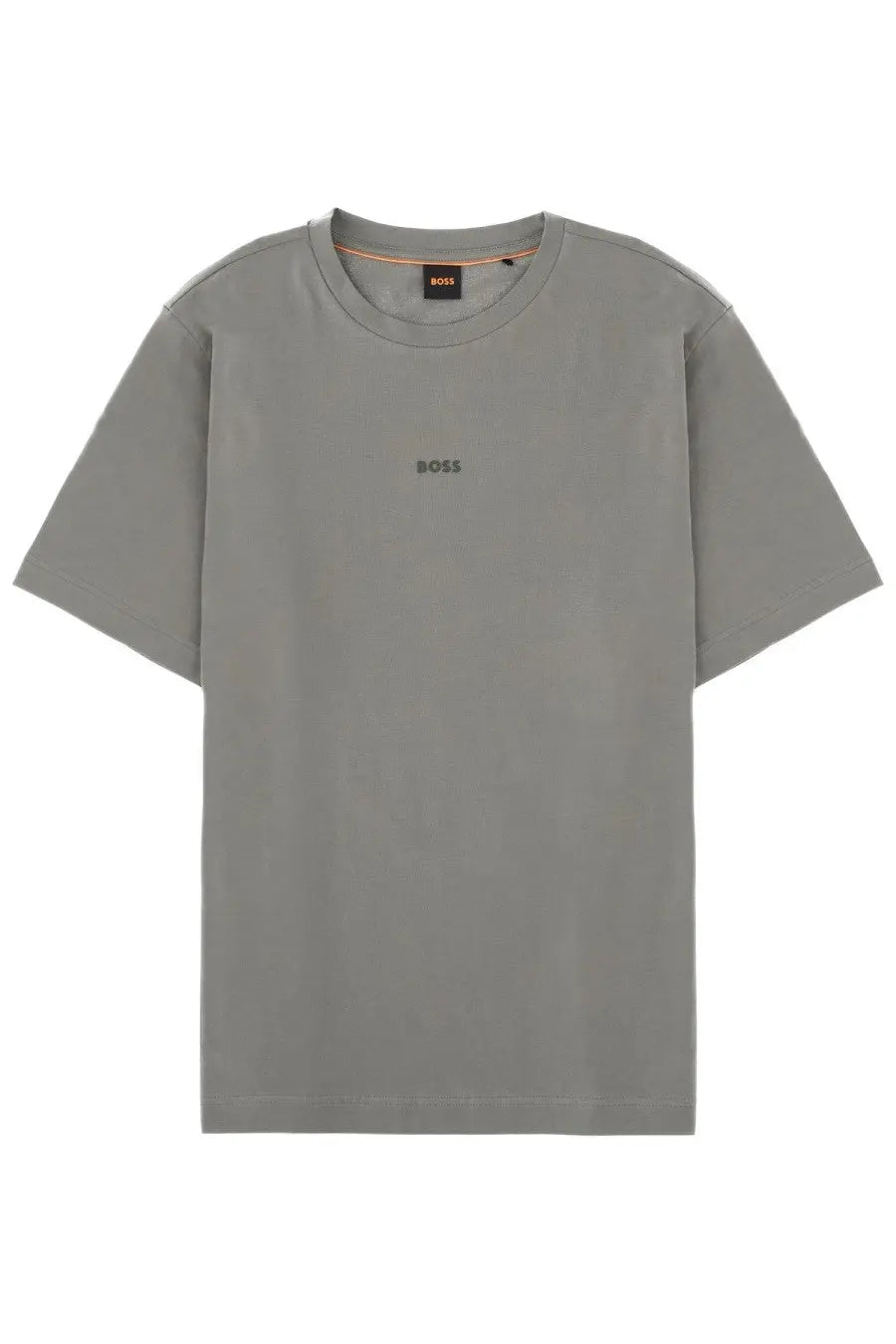 BOSS men’s gray cotton t-shirt with subtle boss logo embroidery and orange tag inside the collar