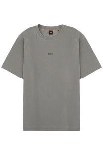 BOSS men’s gray cotton t-shirt with subtle boss logo embroidery and orange tag inside the collar
